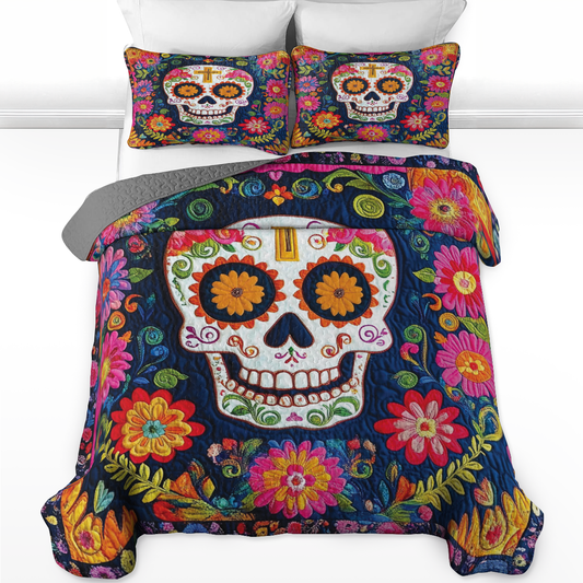 Shineful All Season Quilt 3-Piece Set Vibrant Floral Skull