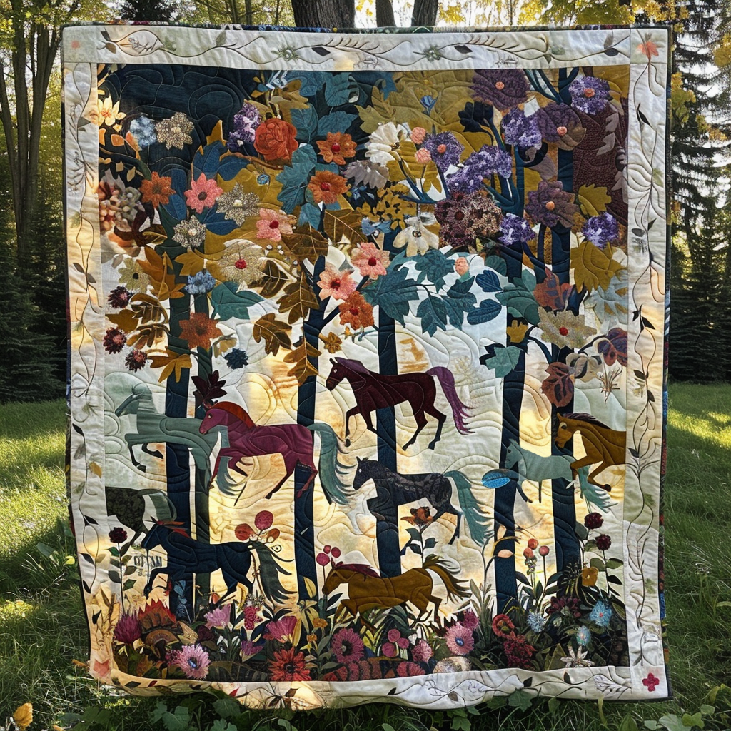 Shineful Flat Print Faux Quilt Blanket Enchanted Forest Horses