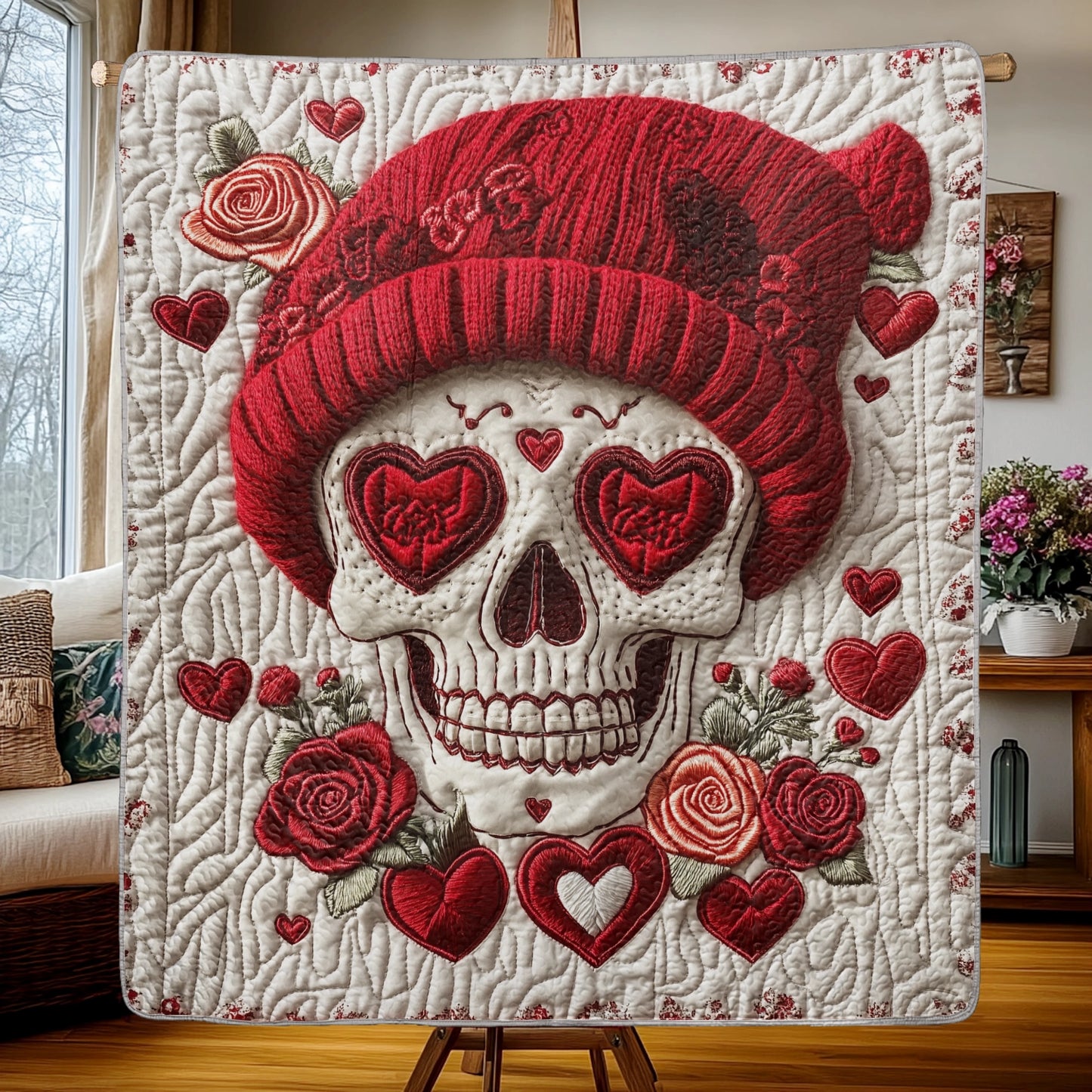 Shineful Flat Print Faux Quilt Blanket - Romantic Skull Art with Roses and Heartful Elegance