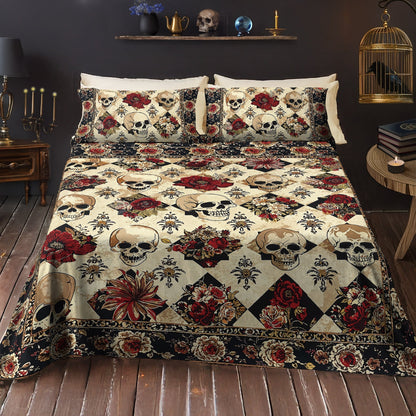 Shineful 4-Piece Bed Sheet Set - Elegant Skull Roses