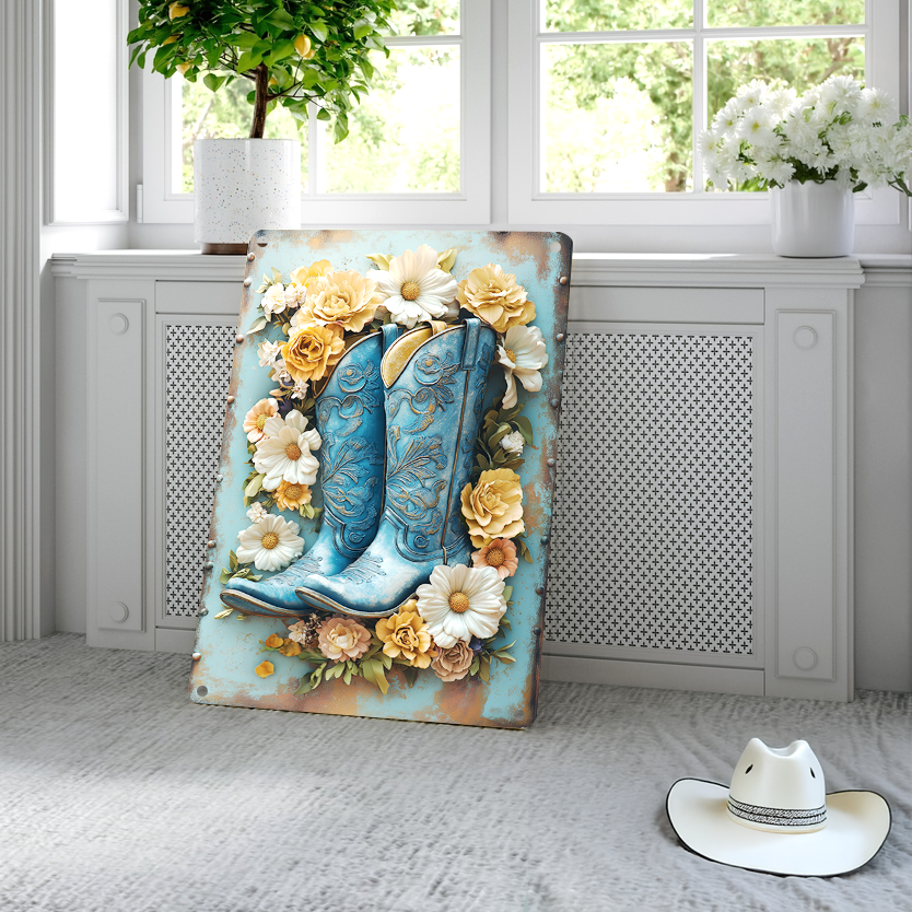 Shineful 2D Metal Sign Blue Boots & Floral Dreams