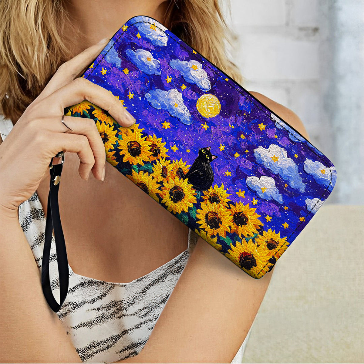 Shineful Leather Clutch Purse With Wristlet Strap Handle Starry Cat With Sunflower