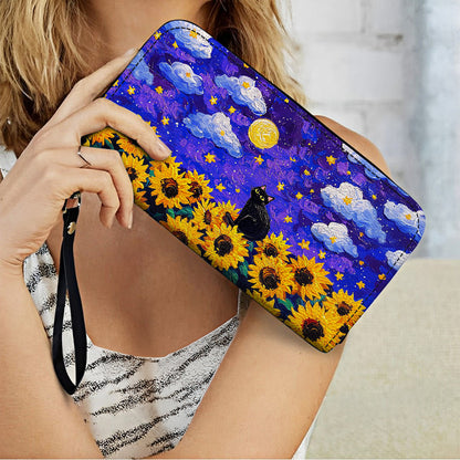 Shineful Leather Clutch Purse With Wristlet Strap Handle Starry Cat With Sunflower