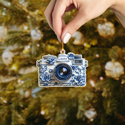 Shineful Personalized 2D Acrylic Ornament Elegant Blue Floral Camera