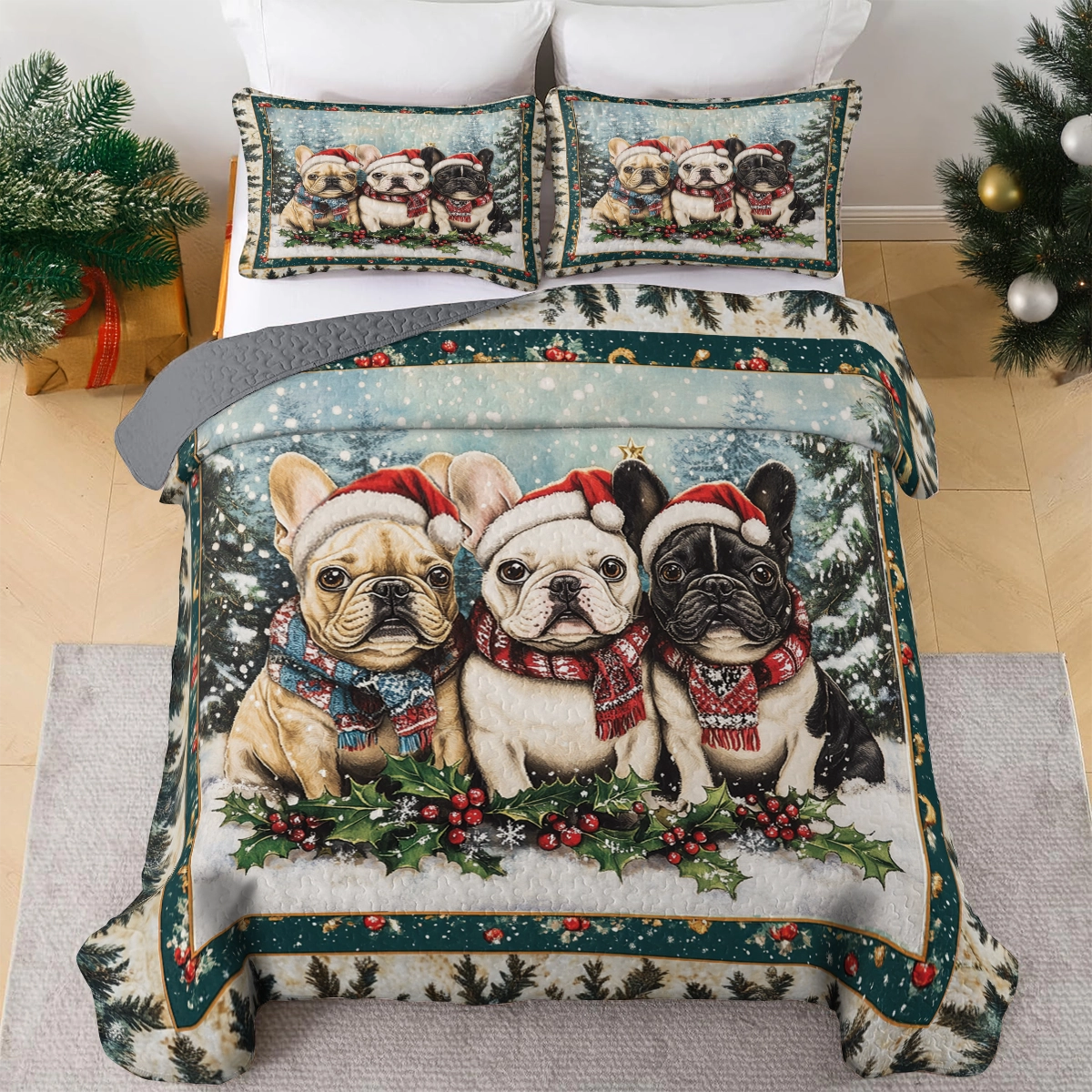 Shineful All Season Quilt 3-Piece Set - Santa's Little Frenchies