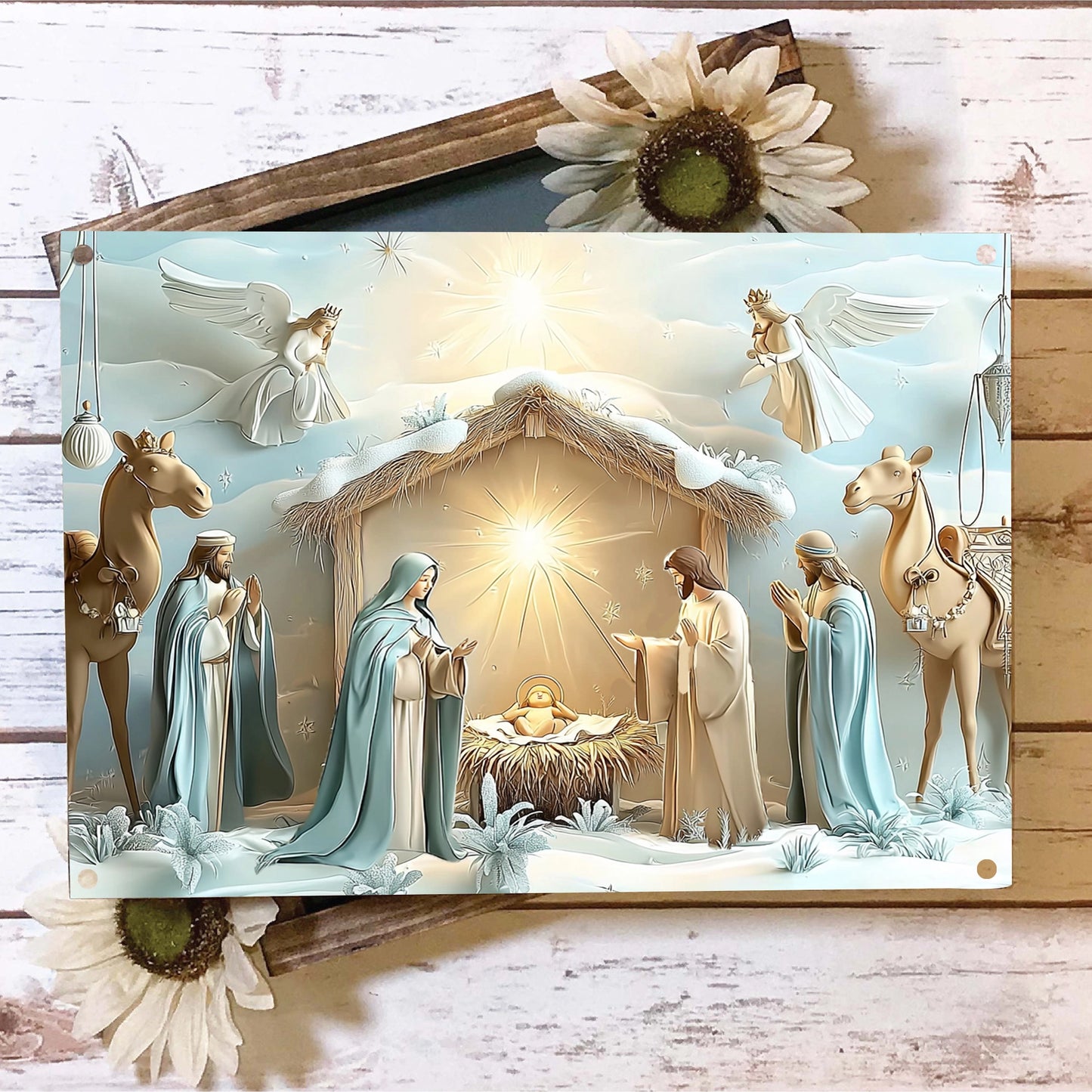 Shineful 2D Metal Sign Christmas Nativity Scene with Radiant Angels