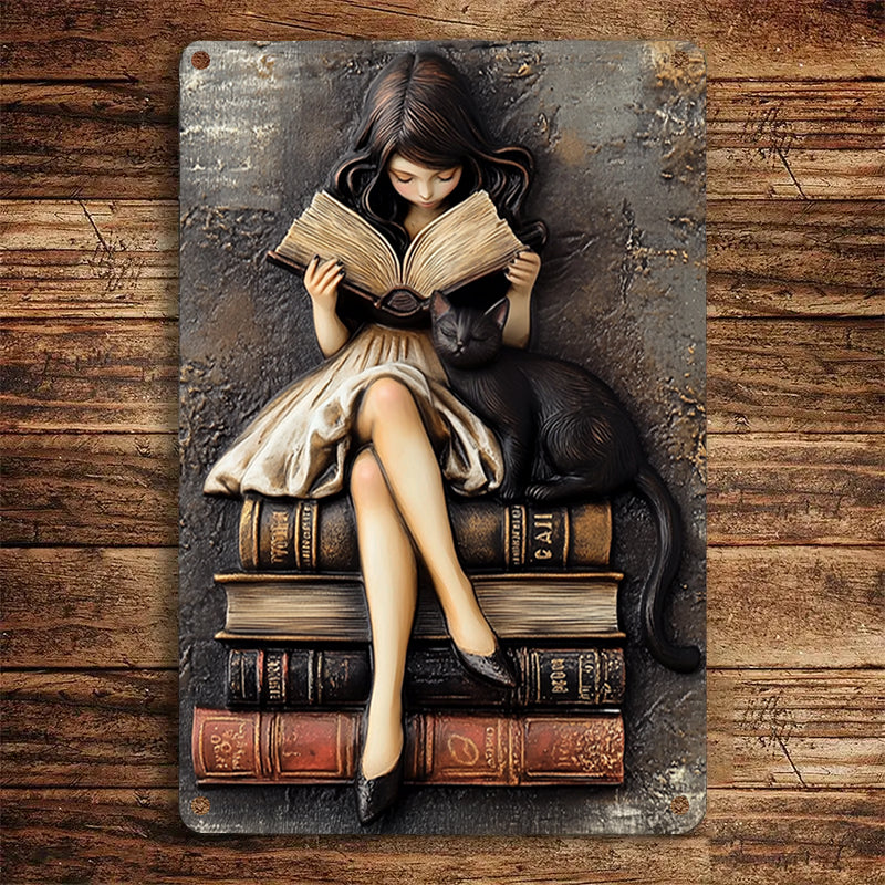 Shineful 2D Metal Sign Beautiful Reading Girl And Black Cat