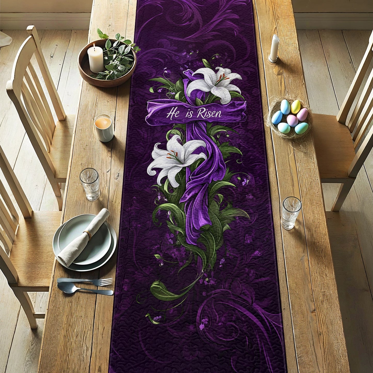 Shineful 2D Flat Print Quilted Table Runner He is Risen Lily