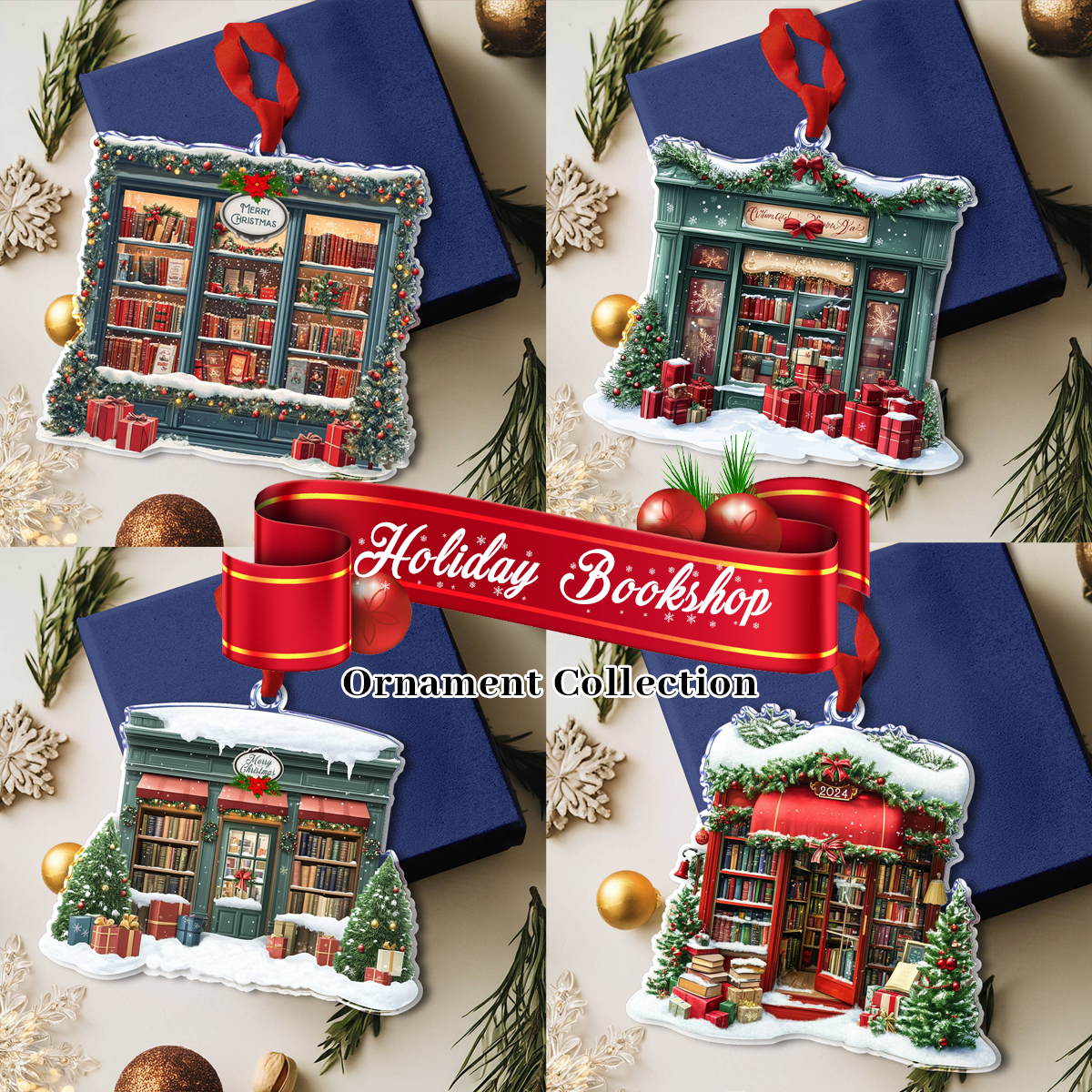 Shineful 2D Acrylic Ornament Holiday Bookshop