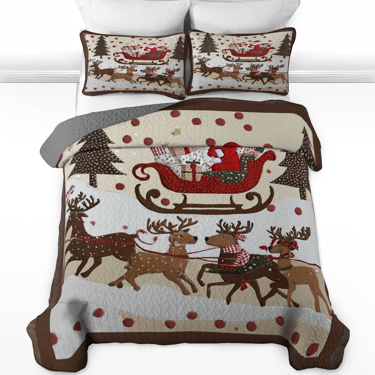 Shineful Flat Print Quilt 3-Piece Set Cozy Santa Claus With Reindeer Pulling His Sleigh Full Of Gifts