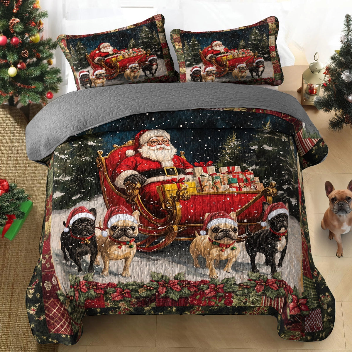 Shineful All Season Quilt 3-teiliges Set – Frenchie Sleigh Ride