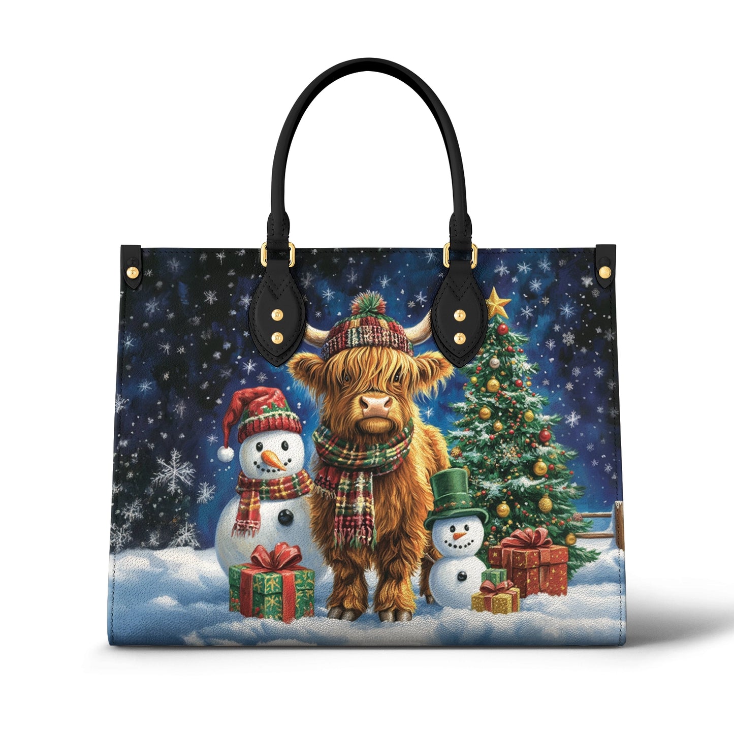 Glänzende Ledertasche Highland Cow Festlicher Winterzauber