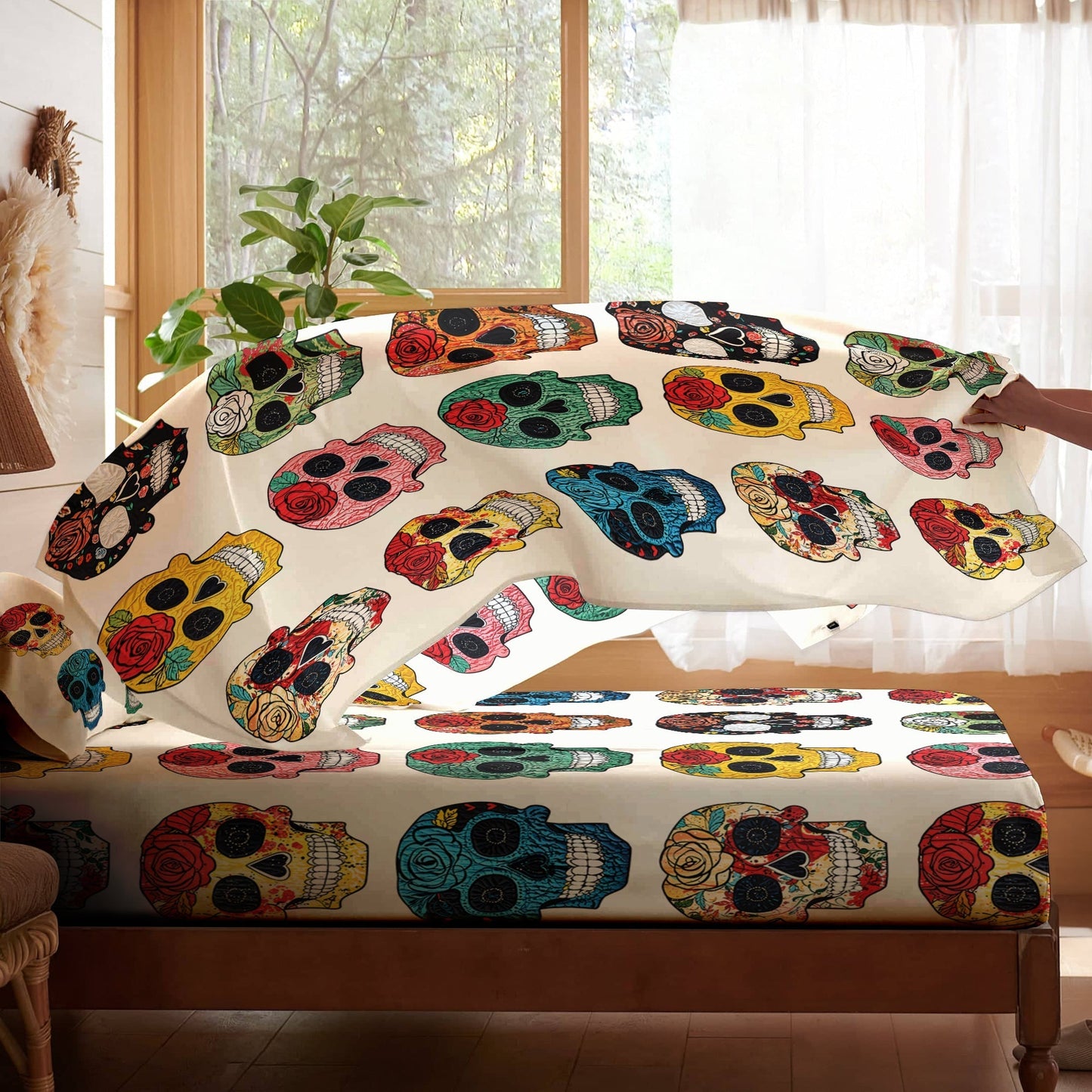 Shineful 4-Piece Bed Sheet Set - Colorful Sugar Skull Roses