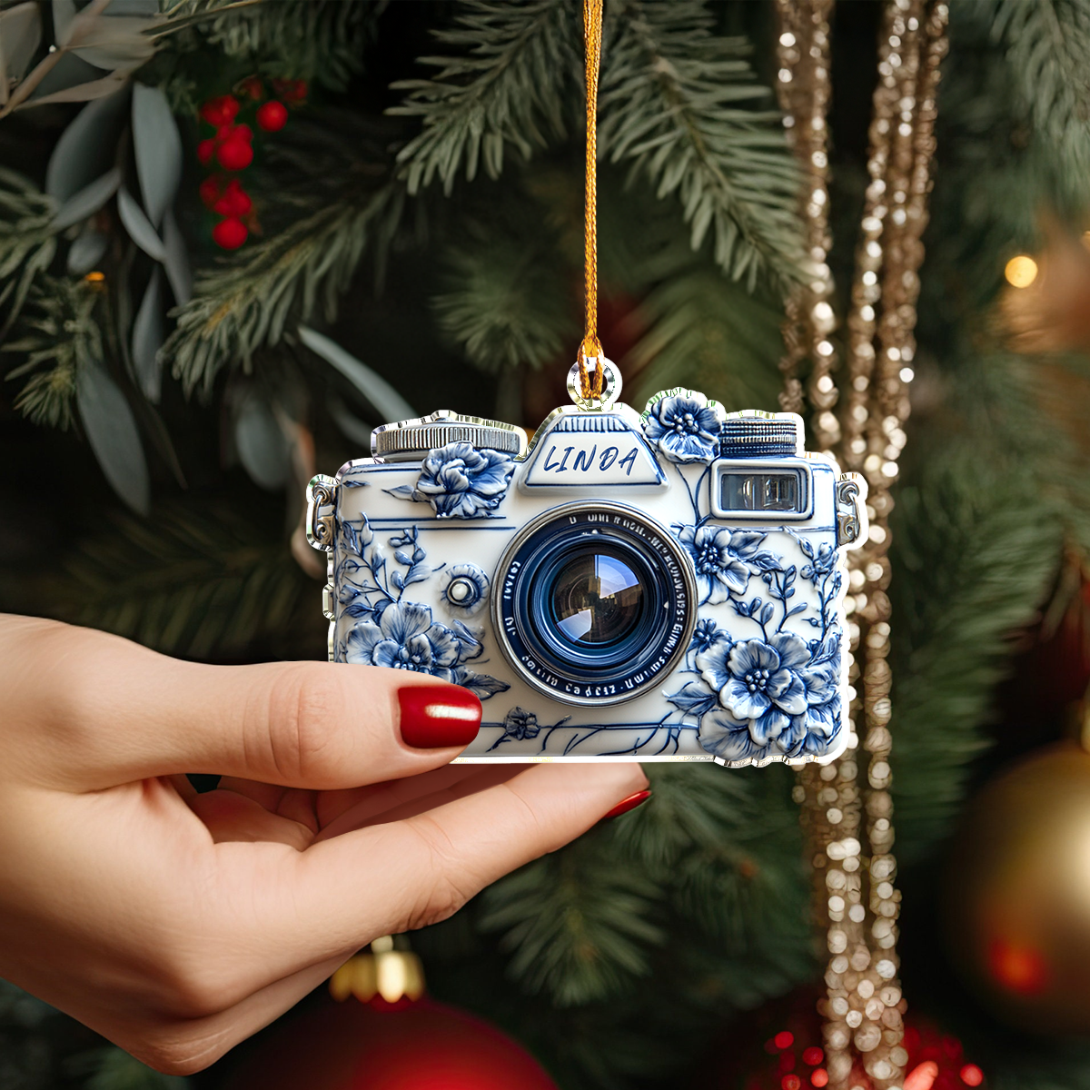 Shineful Personalized 2D Acrylic Ornament Elegant Blue Floral Camera