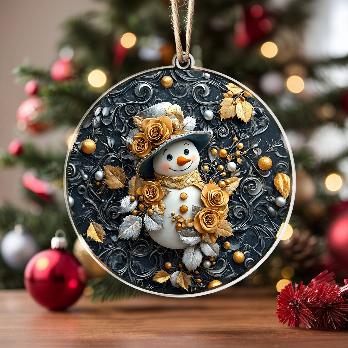 Glänzendes Acryl-Ornament Golden Frost Schneemann