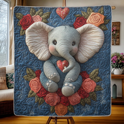 Shineful Flat Print Faux Quilt Blanket - Sweet Baby Elephant with Roses and Heart of Love