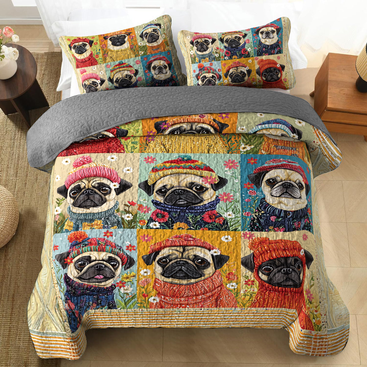 Shineful All Season Quilt 3-Piece Set Floral Pug Springtime