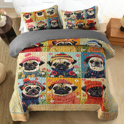 Shineful All Season Quilt 3-teiliges Set Floral Pug Springtime 