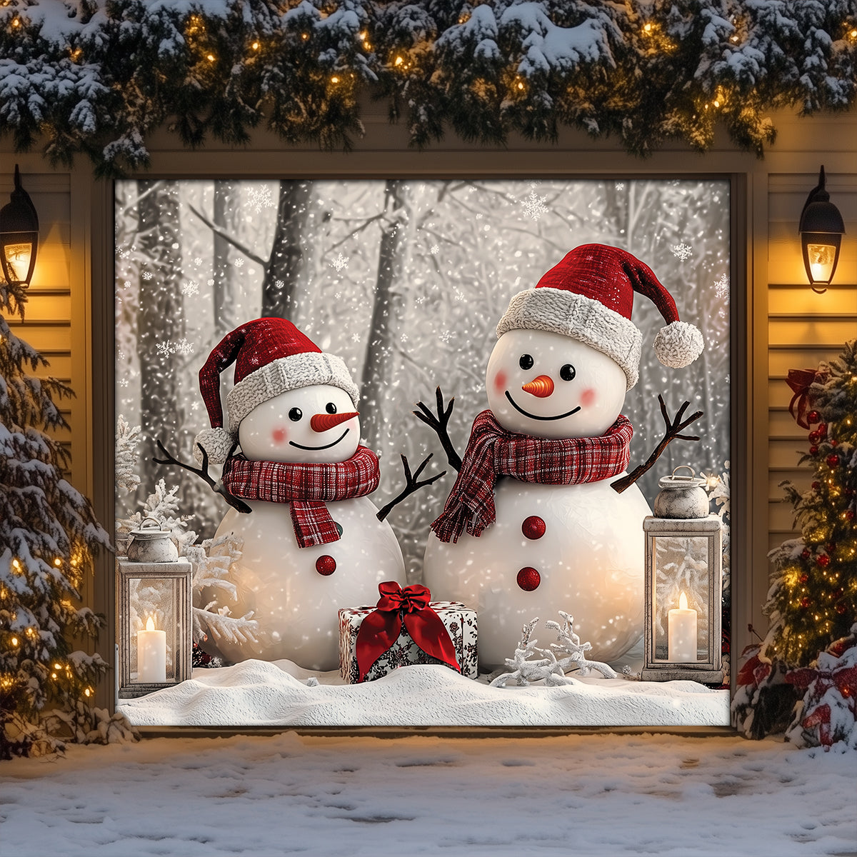 Shineful Garage Door Banner Decoration Winter Forest Happy Snowman Couple