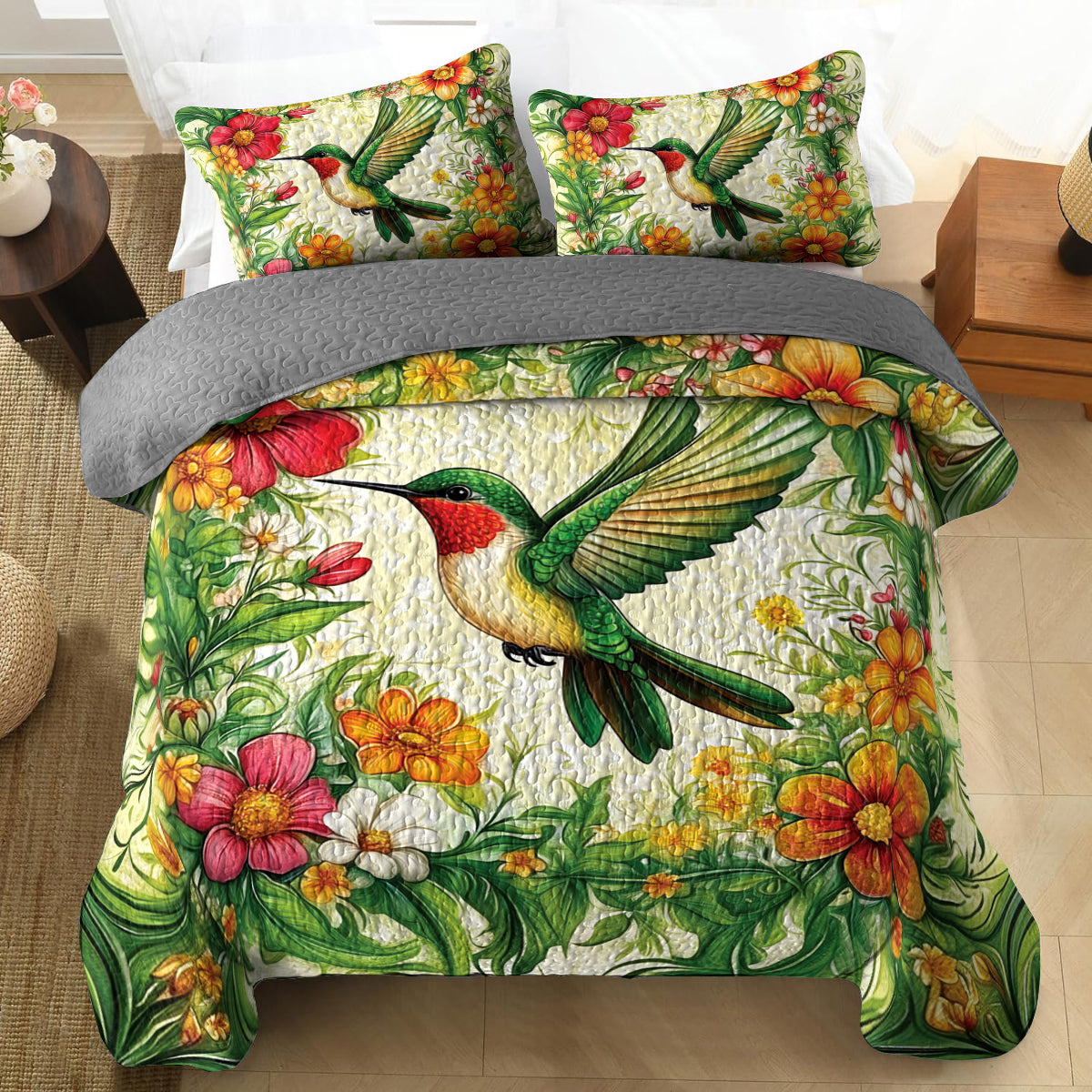 Shineful All Season Quilt 3-Piece Set Hummingbird In Spring Forest