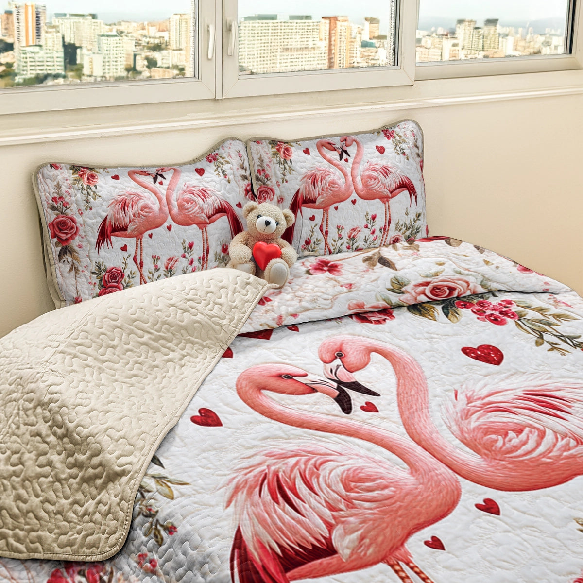 Shineful All Season Quilt 3-Piece Set Valentine Flamingo Romance