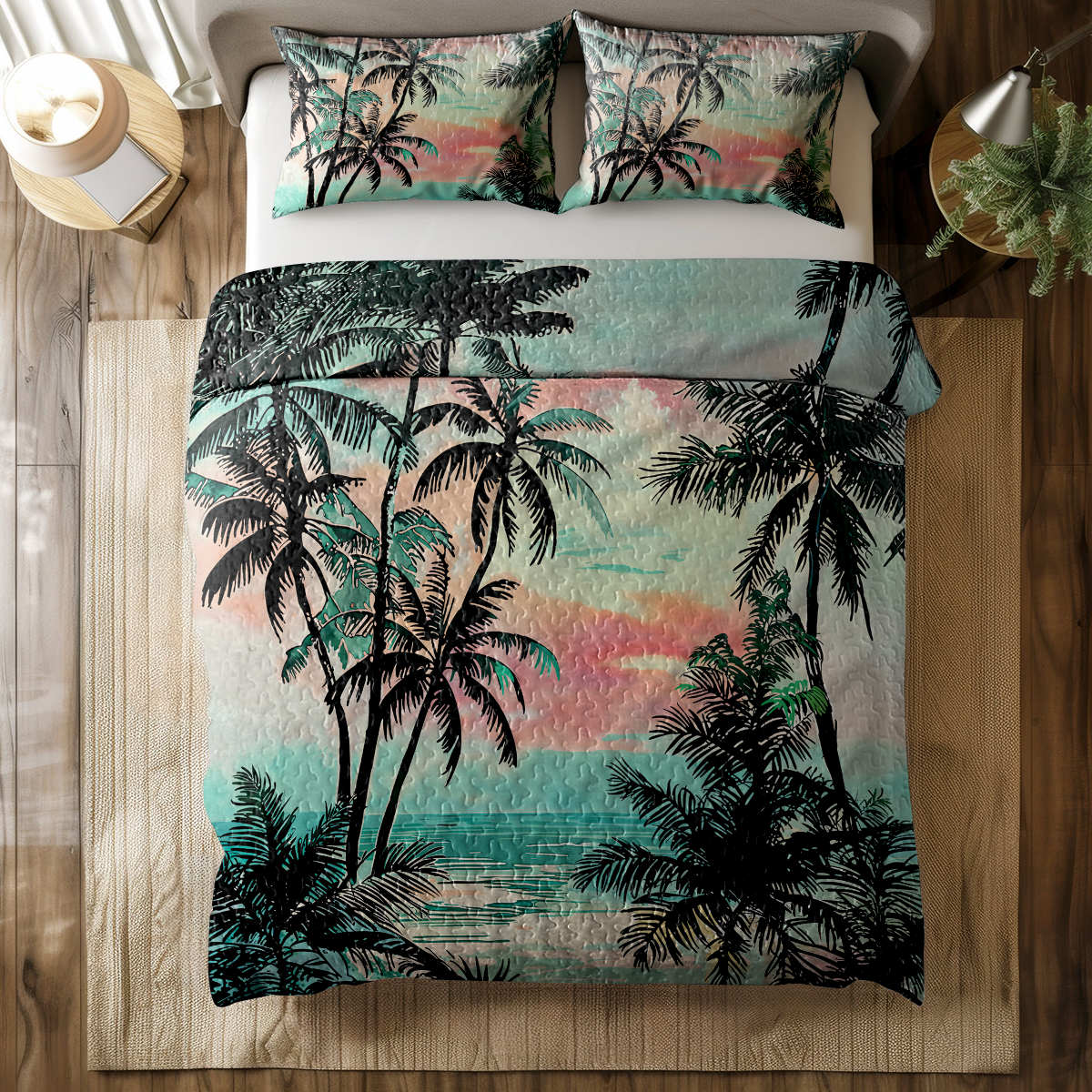 Shineful All Season Quilt 3-Piece Set Tropical Coconut Tree