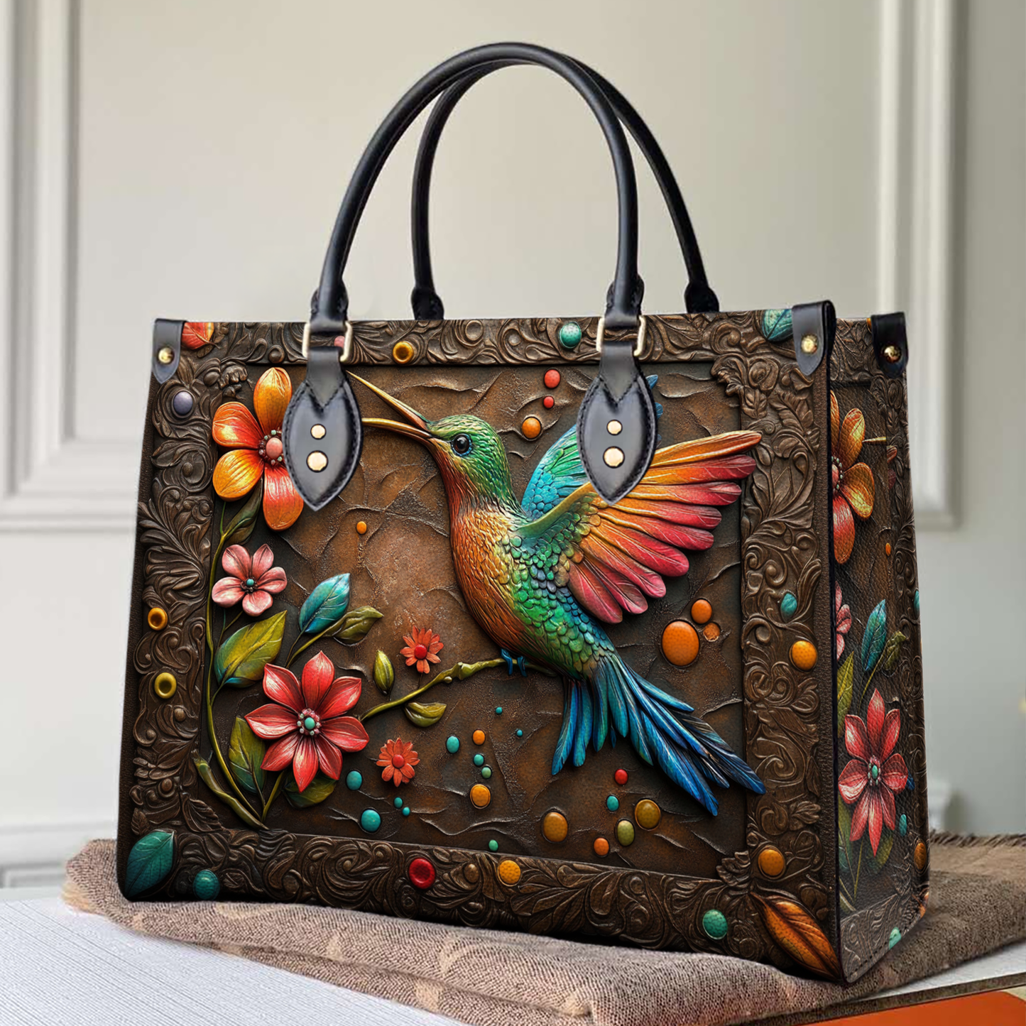 Shineful Leather Bag Hummingbird And Flower