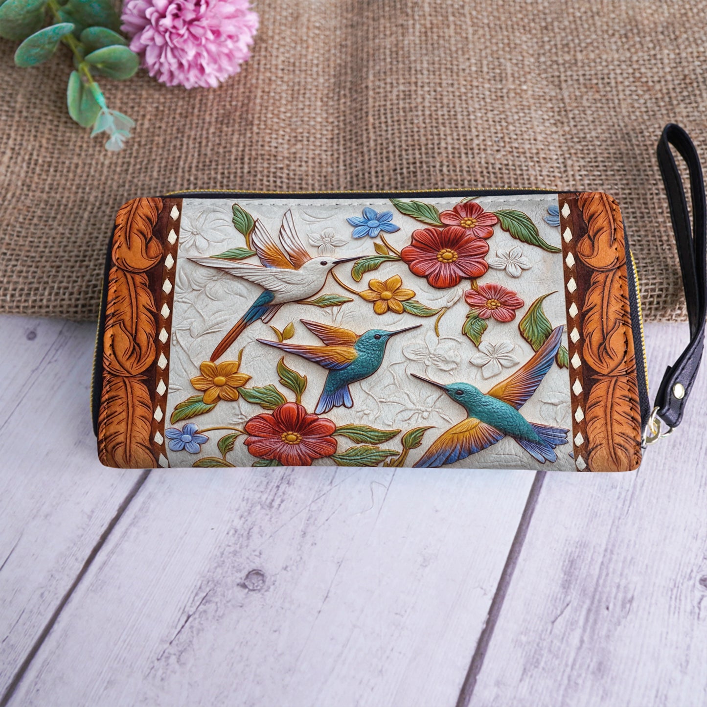 Shineful Leather Clutch Purse With Wristlet Strap Handle Hummingbird Blossom Flight