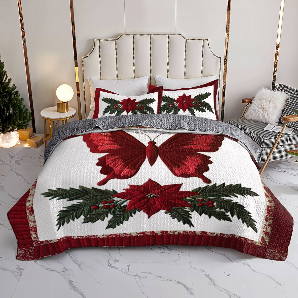 Shineful All Season Quilt 3-Piece Set Gentle Red Christmas Butterfly