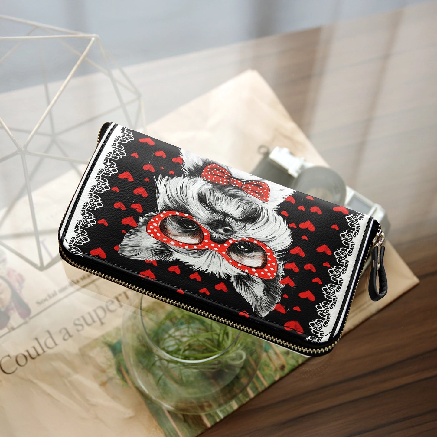 Pochette en cuir brillante avec dragonne Yorkie Heart &amp; Paws Love