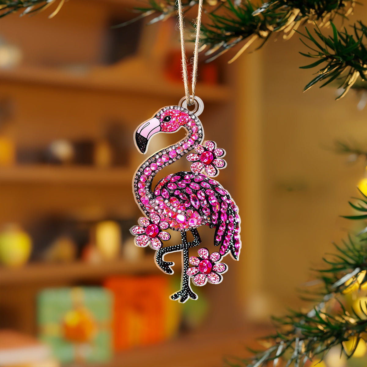 Shineful 2D Acrylic Ornament Twinkling Floral Flamingo