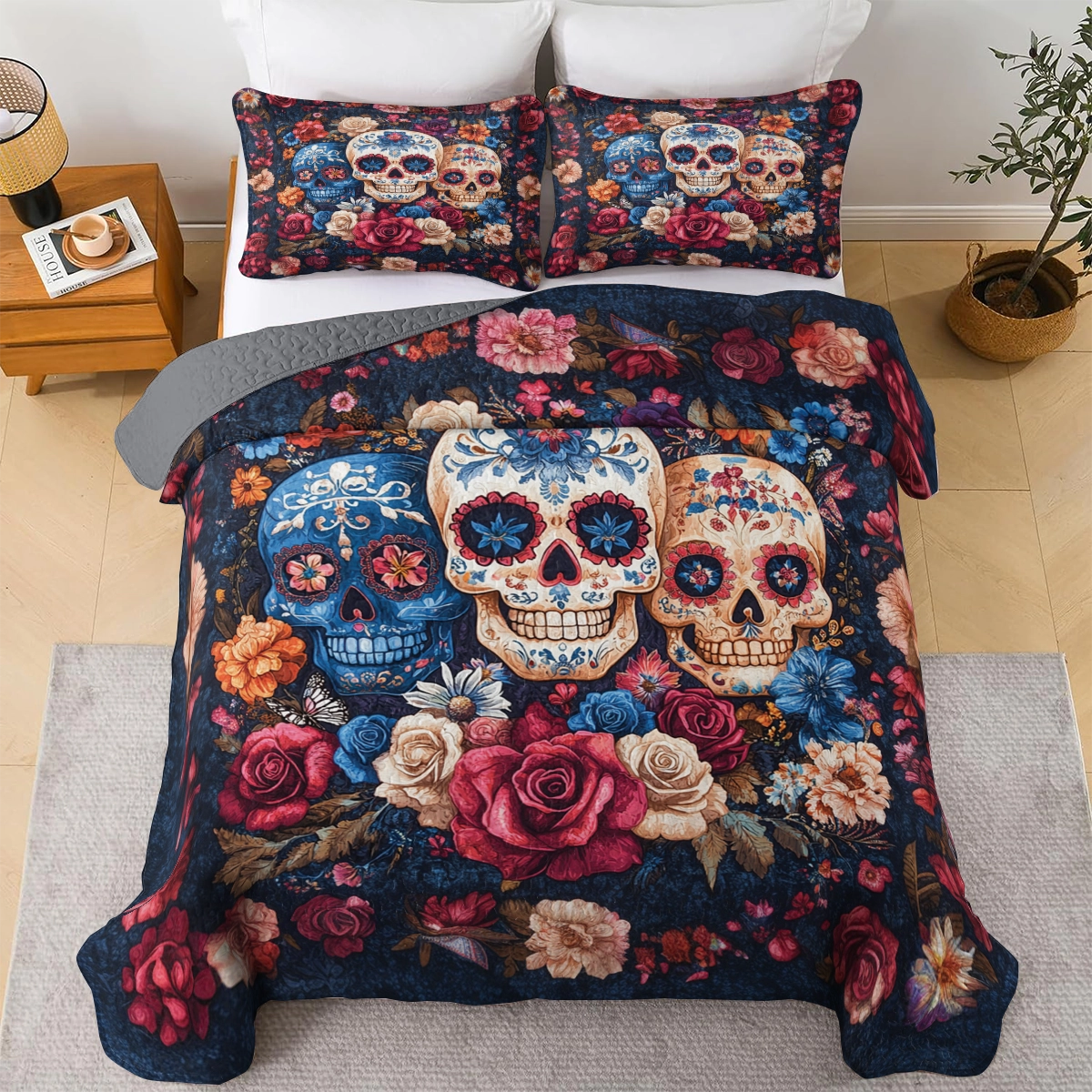 Ensemble de courtepointe toutes saisons Shineful 3 pièces - Sugar Skull Serenity 