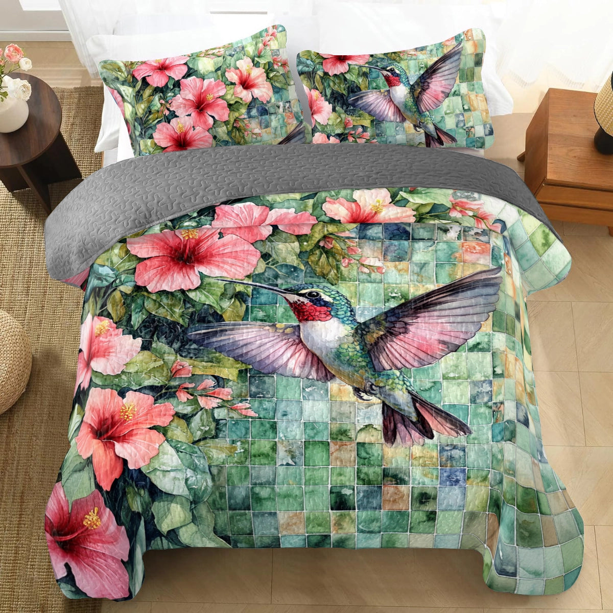 Shineful All Season Quilt 3-Piece Set Hibiscus Hummingbird