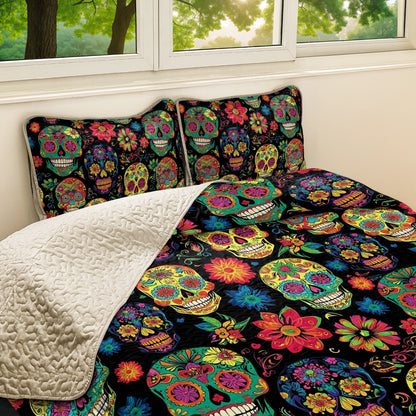 Shineful All Season Quilt 3-Piece Set Vibrant Calaveras Skull