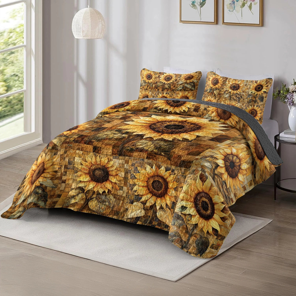 Shineful All Season Quilt 3-Piece Set Golden Rustic Sunflower