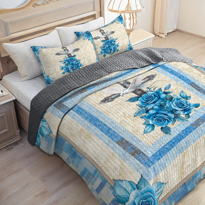 Shineful All Season Quilt 3-Piece Set - God Blue Rose Faith