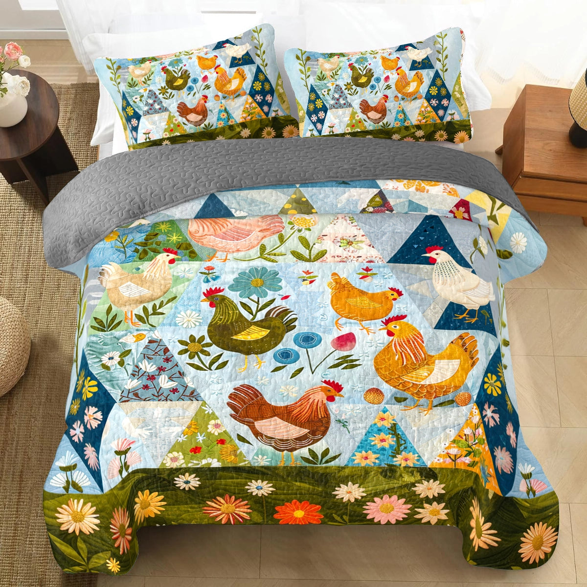 Shineful All Season Quilt 3-Piece Set Country Garden Chicken