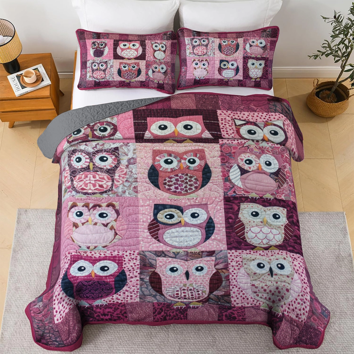 Shineful All Season Quilt 3-Piece Set Charming Pink Owl