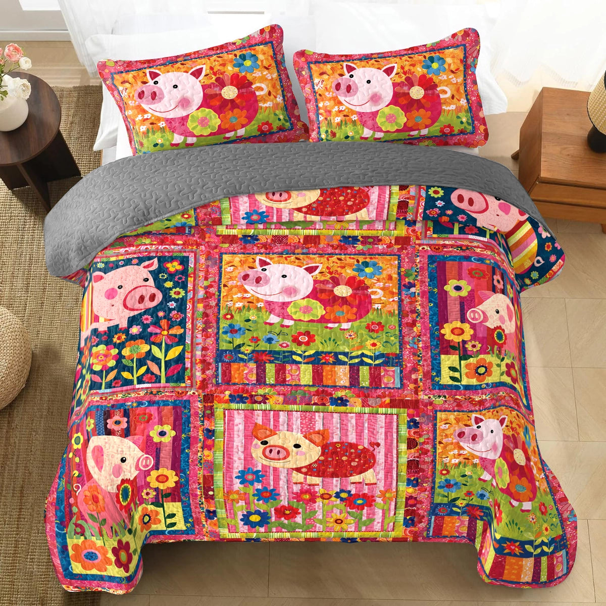 Shineful All Season Quilt 3-Piece Set Cheerful Pig