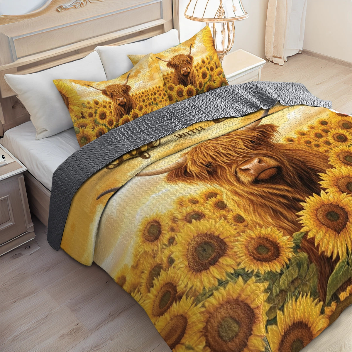 Shineful All Season Quilt 3-Piece Set - Sunflower Snuggles Highland Cow