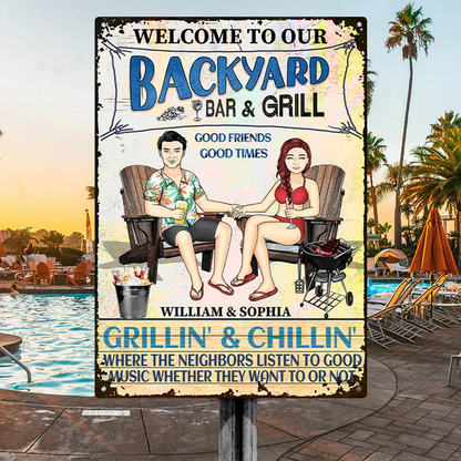 Swimming Poolside Family Couple Listen To The Good Music - Pool Sign - Personalized Custom Classic 2D Flat Print Metal Signs