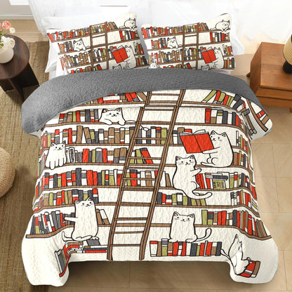 Shineful All Season Quilt 3-Piece Set Reading Bookish Cats