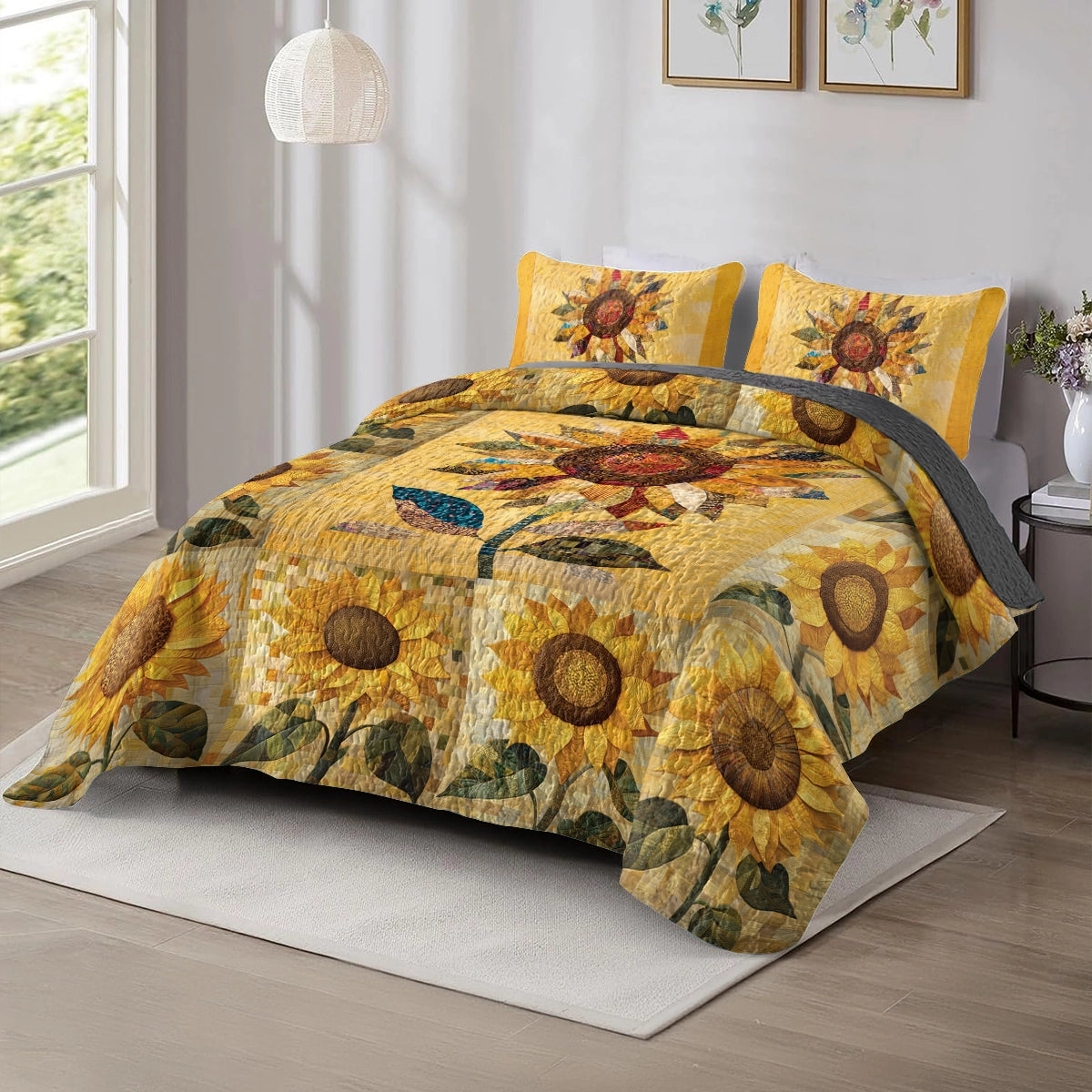 Shineful All Season Quilt 3-Piece Set Golden Patchwork Sunflower