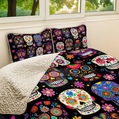 Shineful All Season Quilt 3-Piece Set Colorful Calaveras Skull