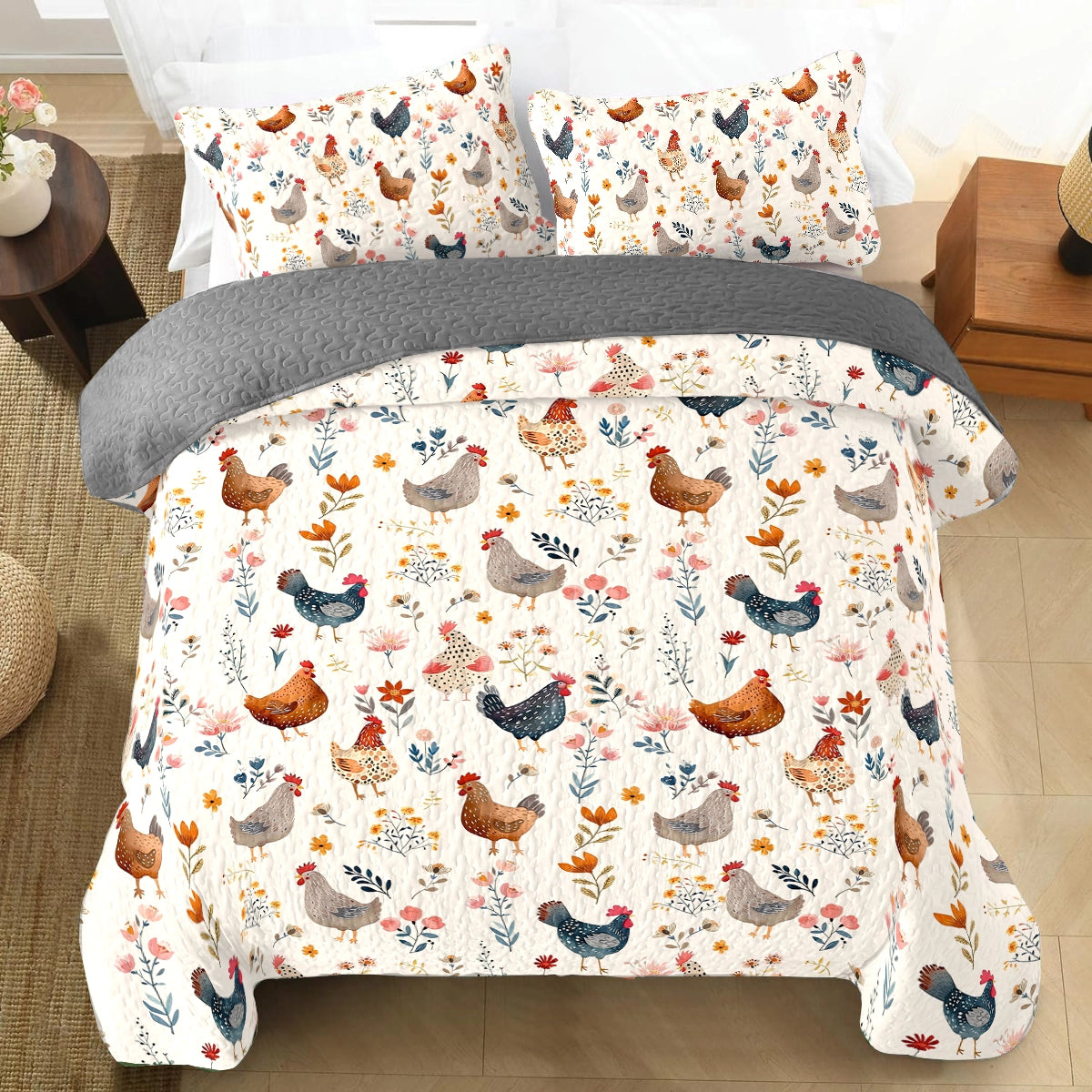 Shineful All Season Quilt 3-Piece Set Chicken Flower