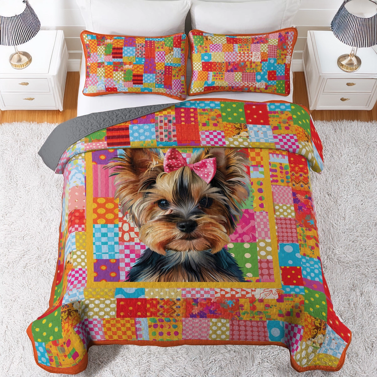 Ensemble de courtepointe toutes saisons Shineful 3 pièces Yorkie Vibrant Delight