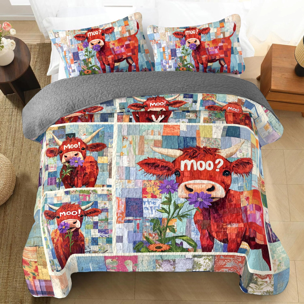 Shineful All Season Quilt 3-Piece Set Cow Moo Patchwork Delight