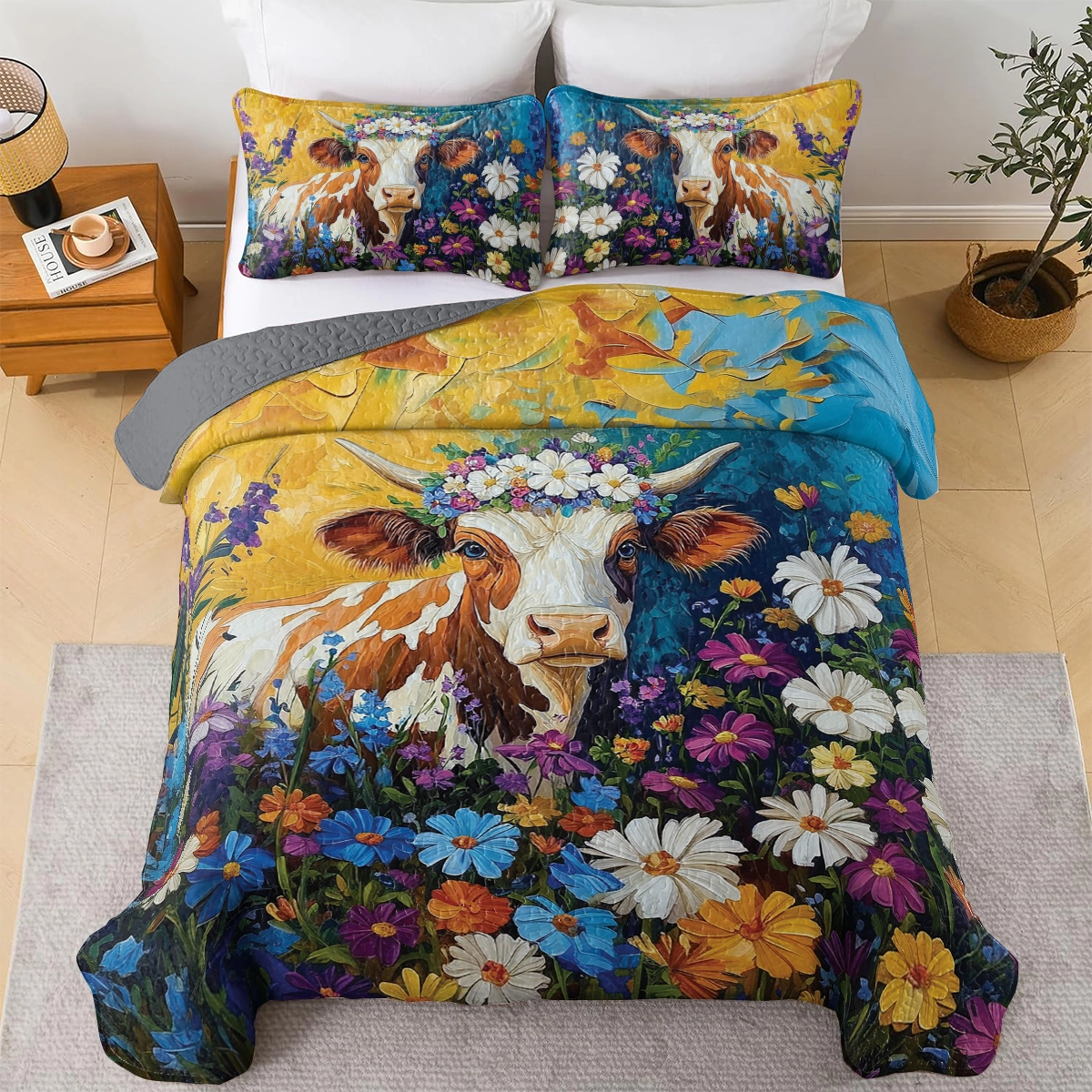 Shineful All Season Quilt 3-Piece Set - Floral Fantasy Cow