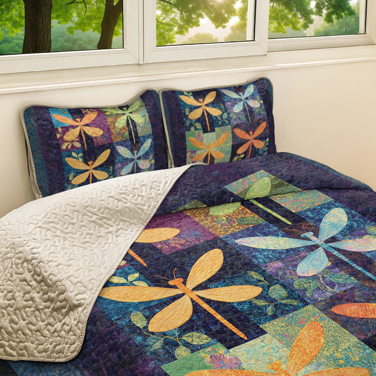 Shineful All Season Quilt 3-Piece Set Dragonfly Serenity Patchwork