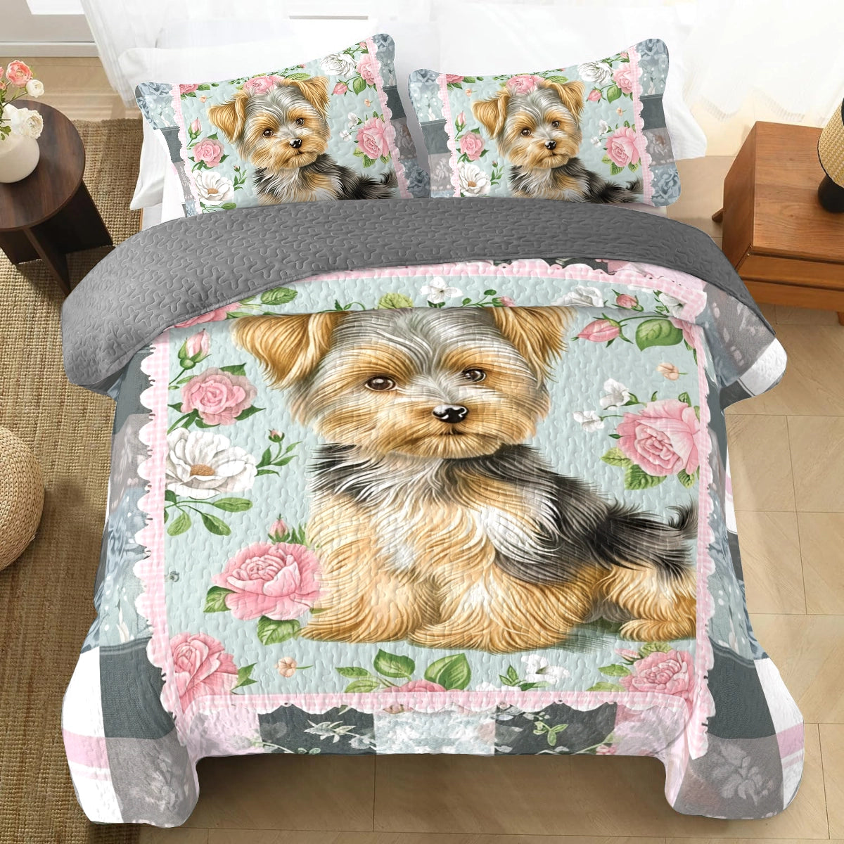 Shineful All Season Quilt 3-Piece Set Patchwork Rose Yorkie